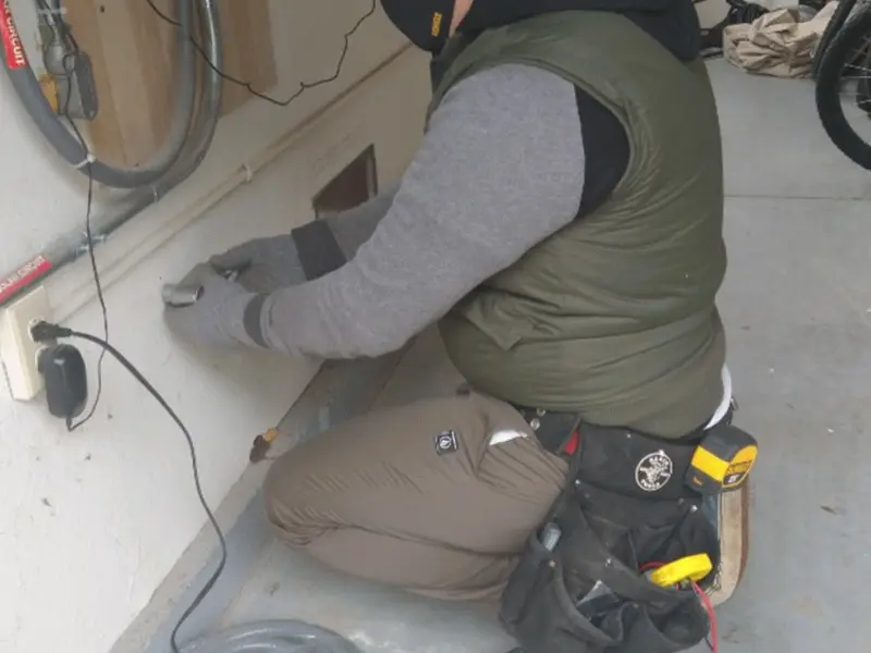 Electrician performing outlet wiring in a Brownsville garage